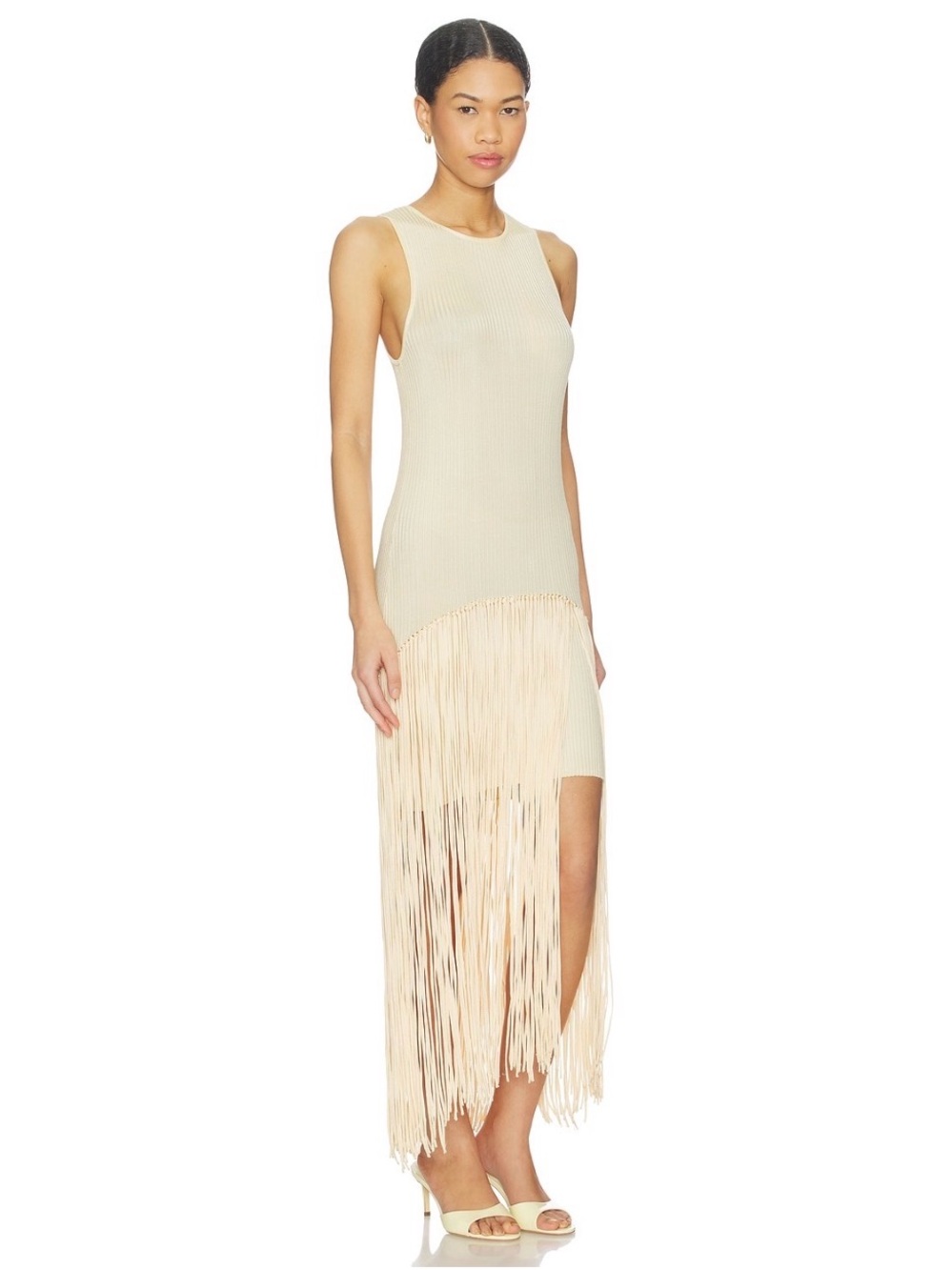 Lamarque Ribbed Sleeveless Fringe Maxi Dress in Yellow